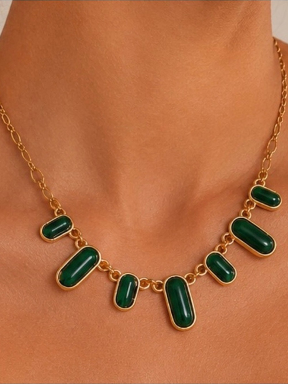 Plunder Gold-tone Necklace with Deep Green Cabochons